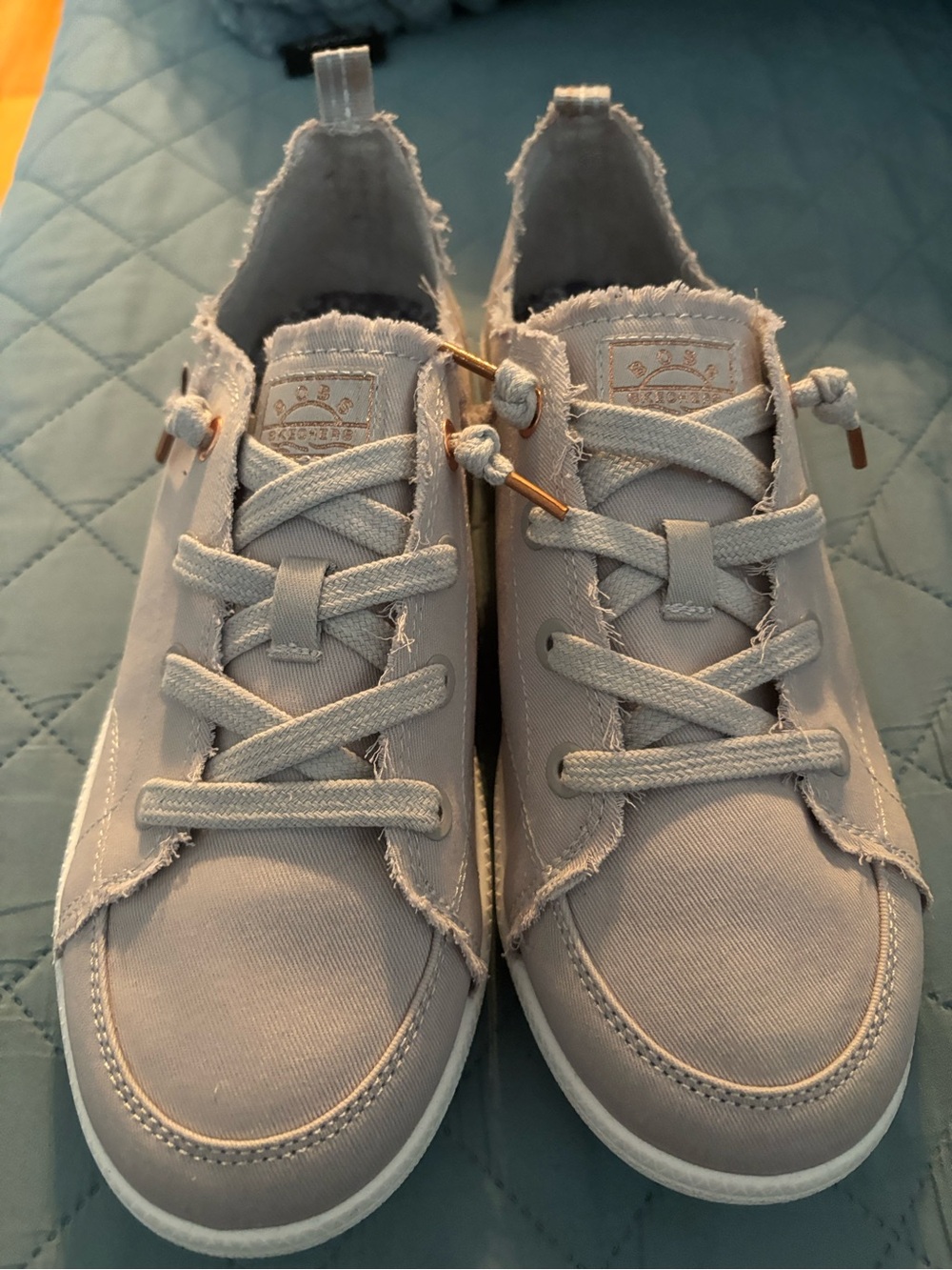 NWOT - BOBS from Skechers Light Gray Canvas Slip-On Sneakers with Gold Accents